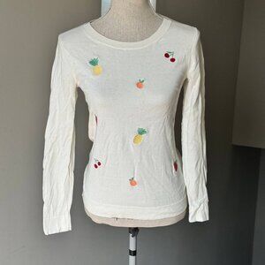 🍓🍊 J.Crew Casual Cotton Sweater - Off White with Fun Fruit Embroidery - Size X